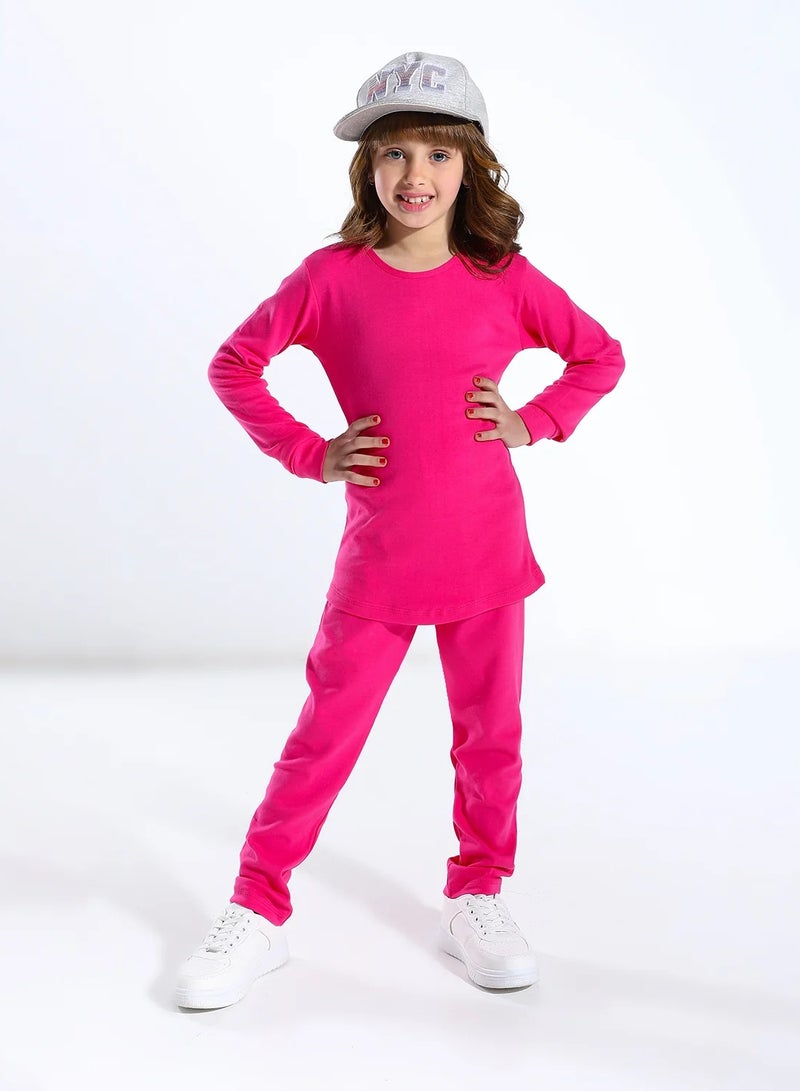 Cottonil Girl's Thermal Fleece Cotton Set Long Sleeve Top and Pants - Fuchsia - Image 1